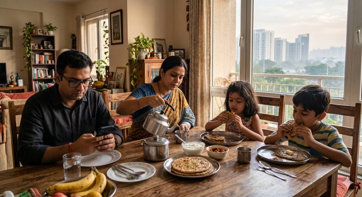 Indian family at breakfast with the Gurugram skyline visible through a hazy balcony