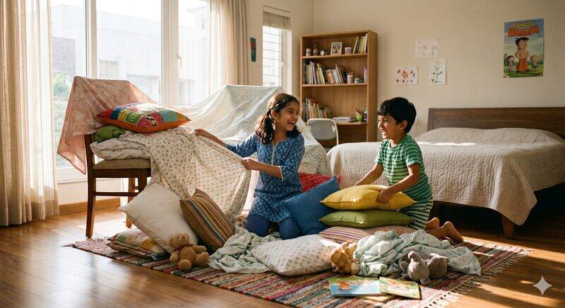 Indian children playing on the floor at home — a typical scene where indoor air quality matters most