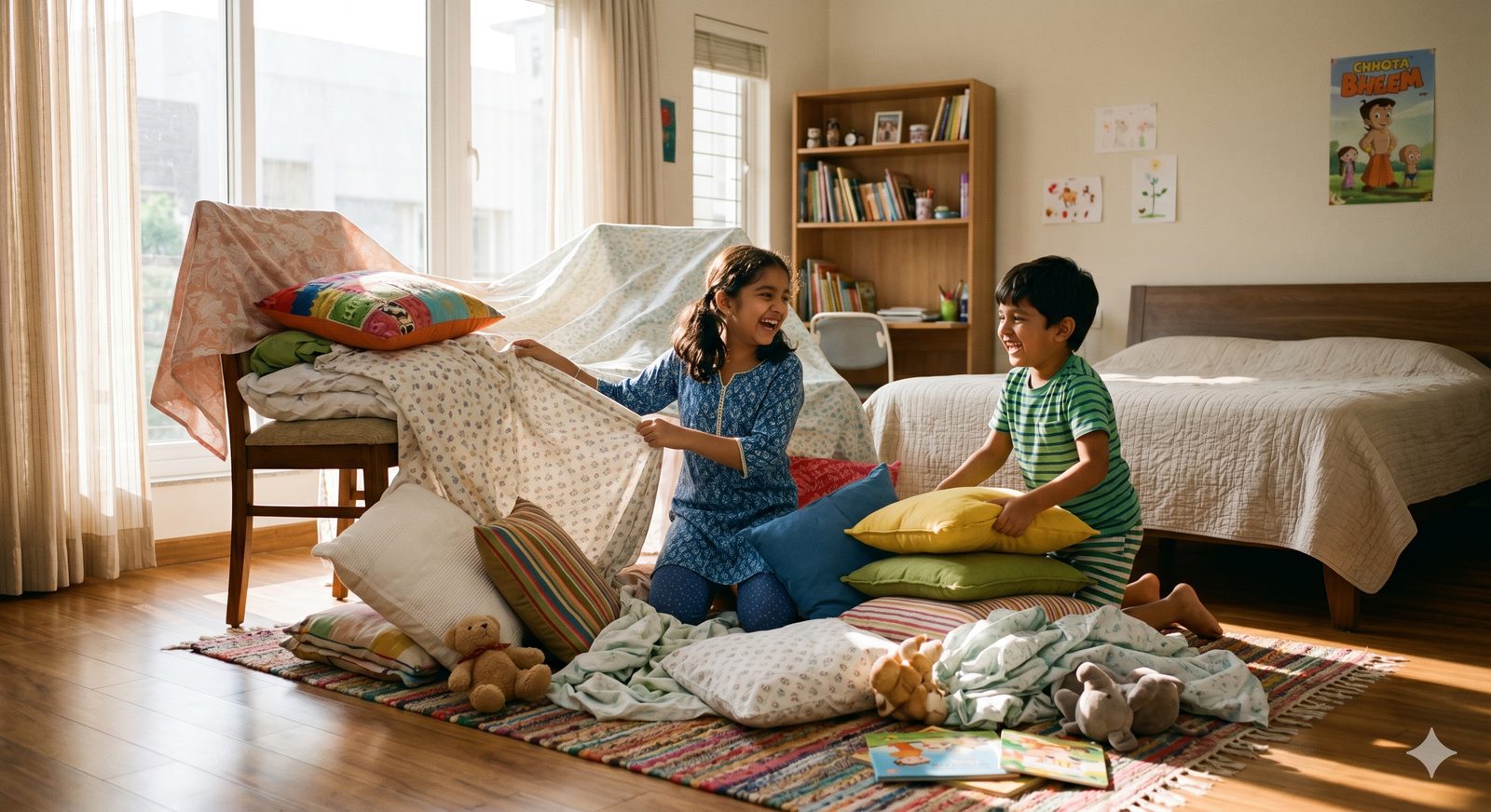 Indian children playing on the floor at home — a typical scene where indoor air quality matters most