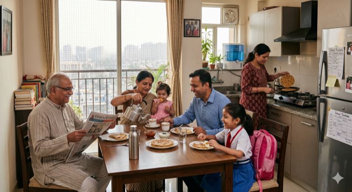 A three-generation Delhi family at breakfast in a clean modular kitchen with the household water filter visible