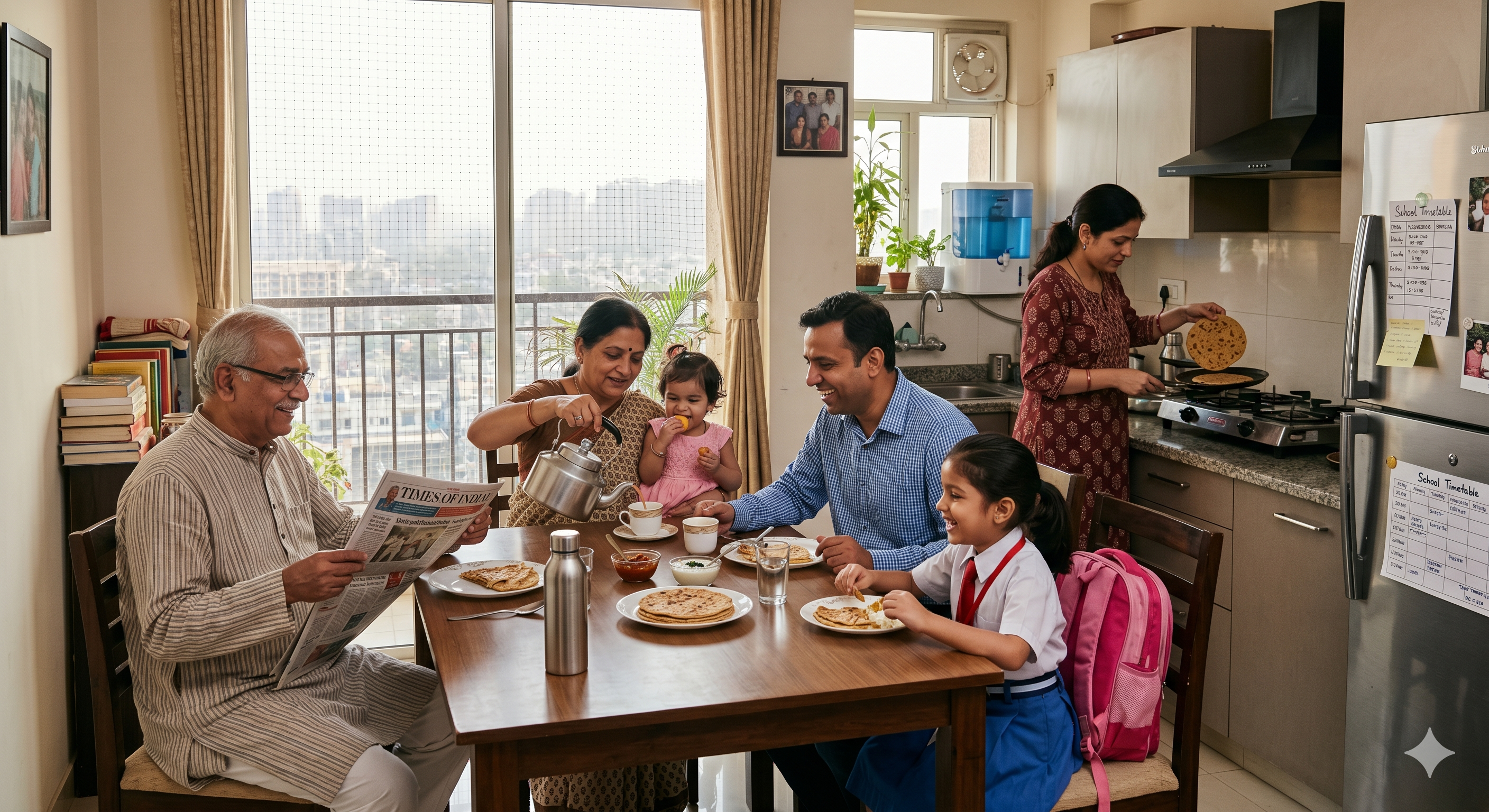 A three-generation Delhi family at breakfast in a clean modular kitchen, with the household water filter visible by the sink — the everyday upgrade that already exists for water