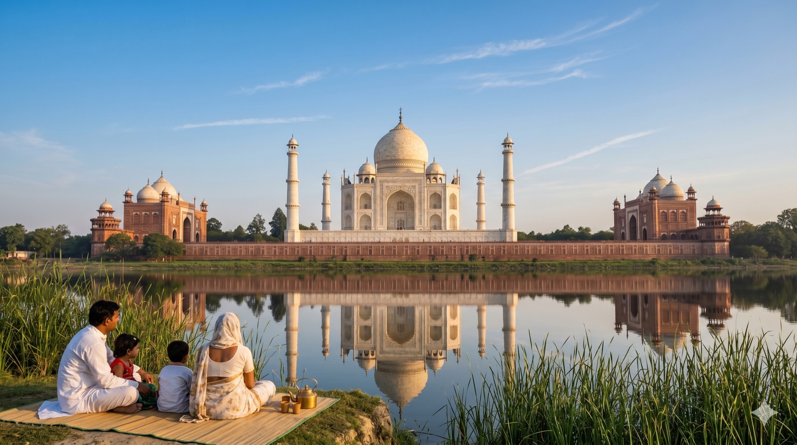 Agra with the Taj Mahal sharp against a clean morning sky across the Yamuna, white marble bright, families on the riverbank, AQI 24