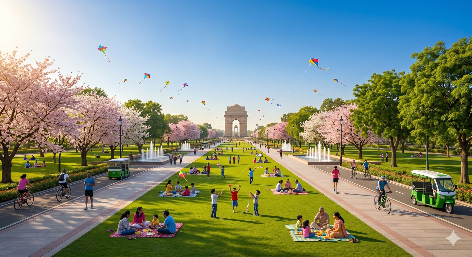 India Gate visible across green Rajpath, kites in the sky, families on picnics — Delhi on a clean-air day