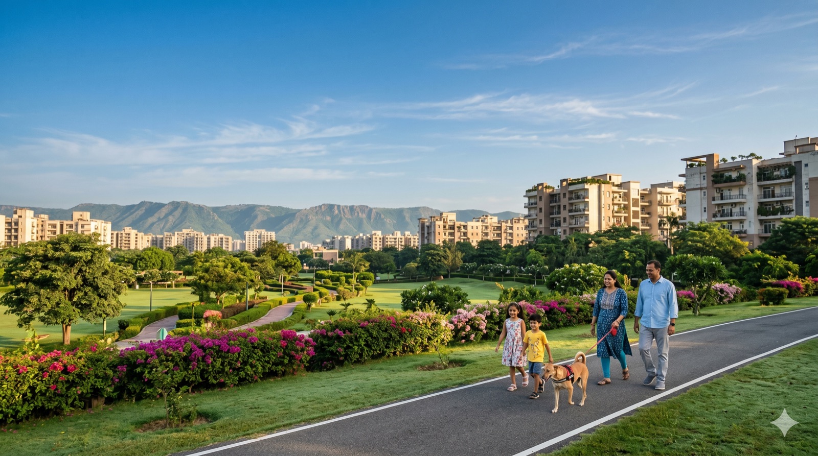 Faridabad with Aravalli ridge visible on the horizon, clean morning sky, families on a sector park lawn, AQI 22