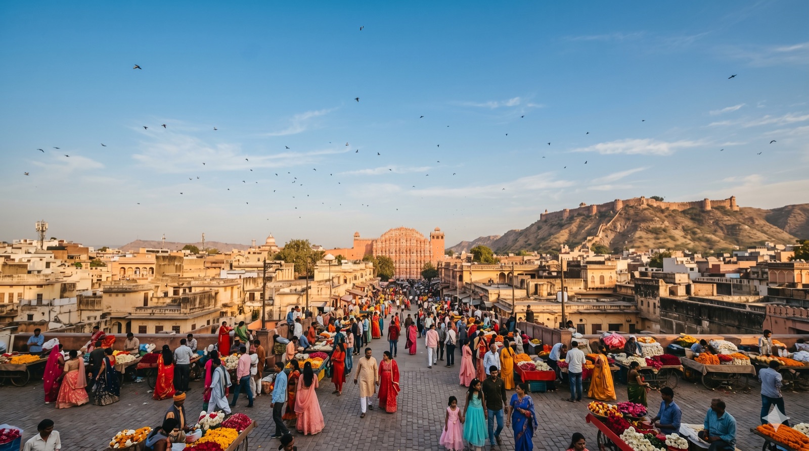 Jaipur with Hawa Mahal in the foreground and Nahargarh Fort on the ridge behind, clean pink-city light, AQI 19