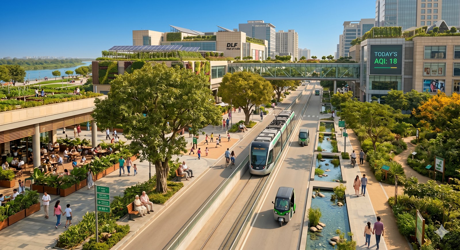 Noida with DLF Mall of India and Sector 18 visible on a clean morning — light rail, families, AQI 18