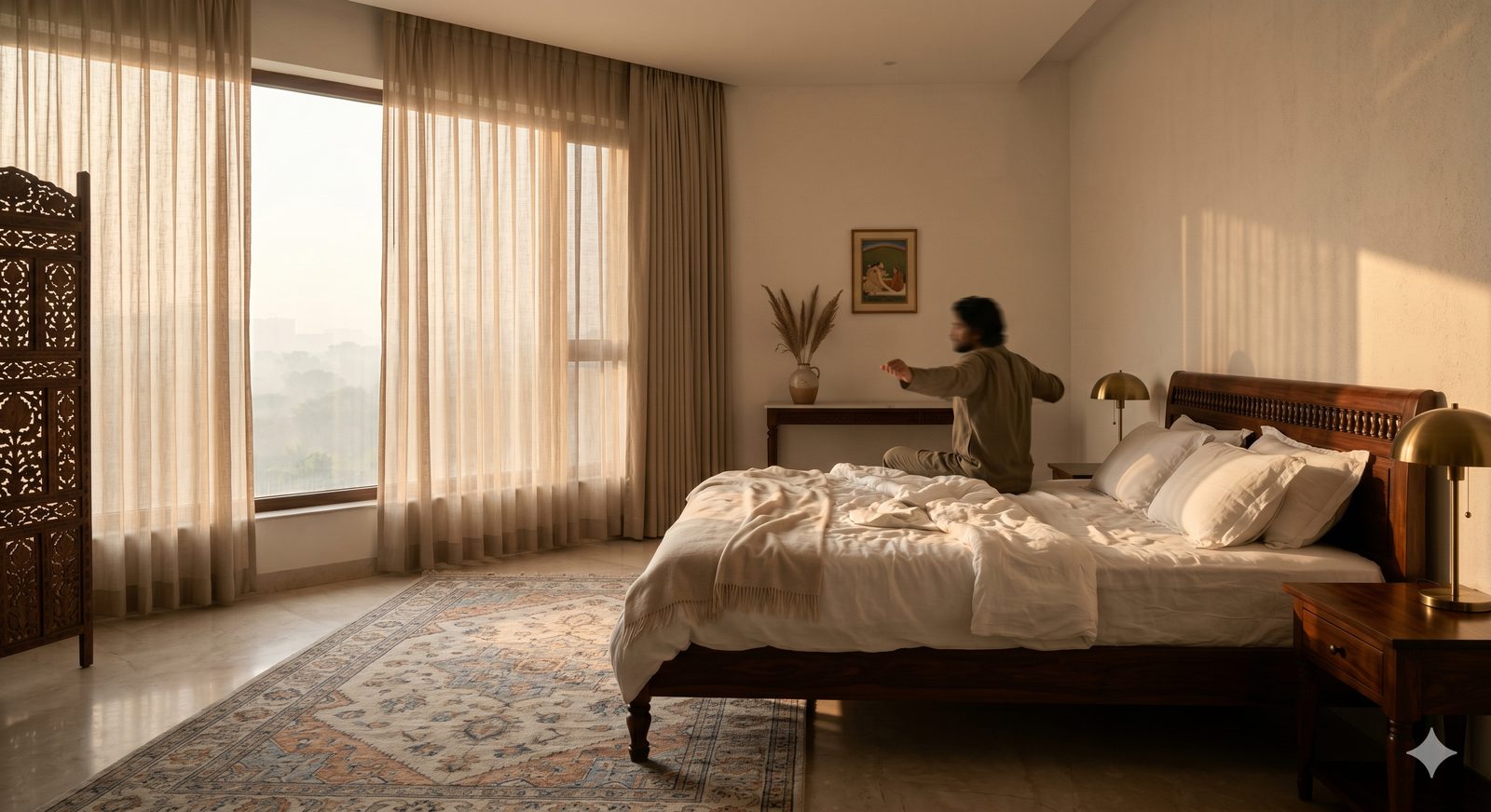 Bedroom at sunrise — clean indoor air