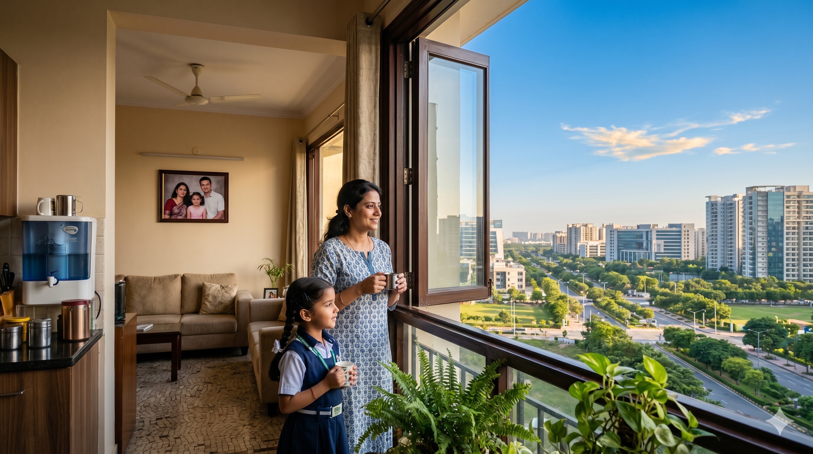 An Indian mother and her young child look out through a clean apartment window onto a bright clear blue sky over a modern Indian residential skyline — the future India is moving towards, and the indoor air every family can have today