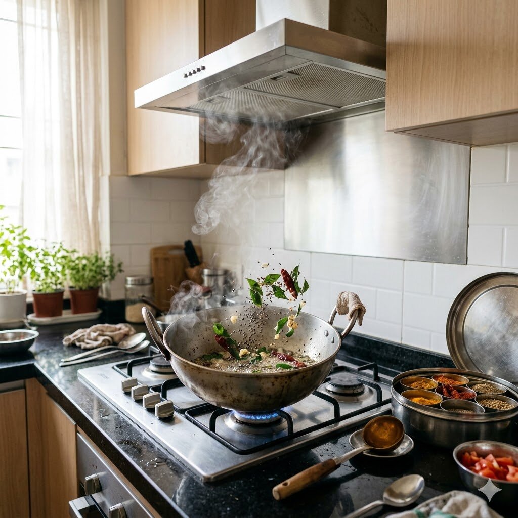 Indian kitchen during tadka — the moment chimney and exhaust performance matter
