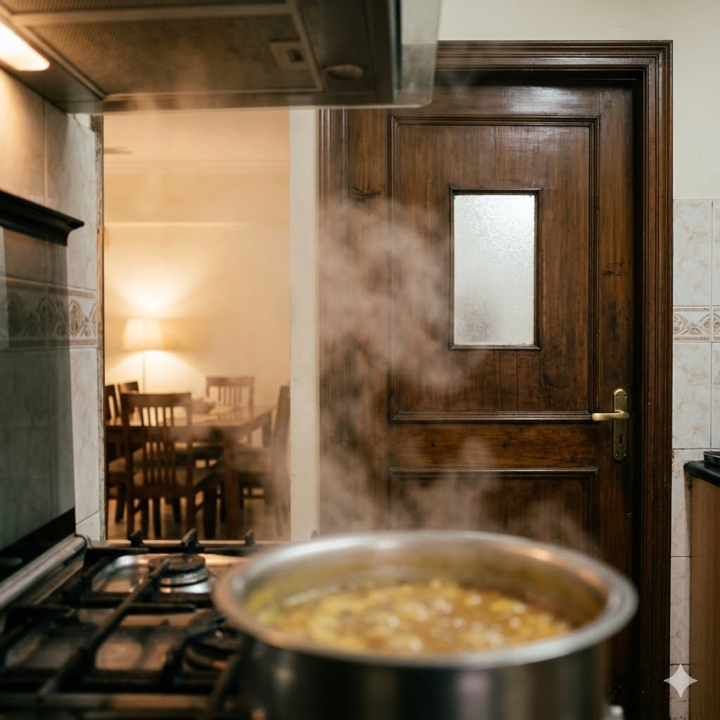 Indian kitchen with door closed during cooking — the protocol that keeps the rest of the home clean