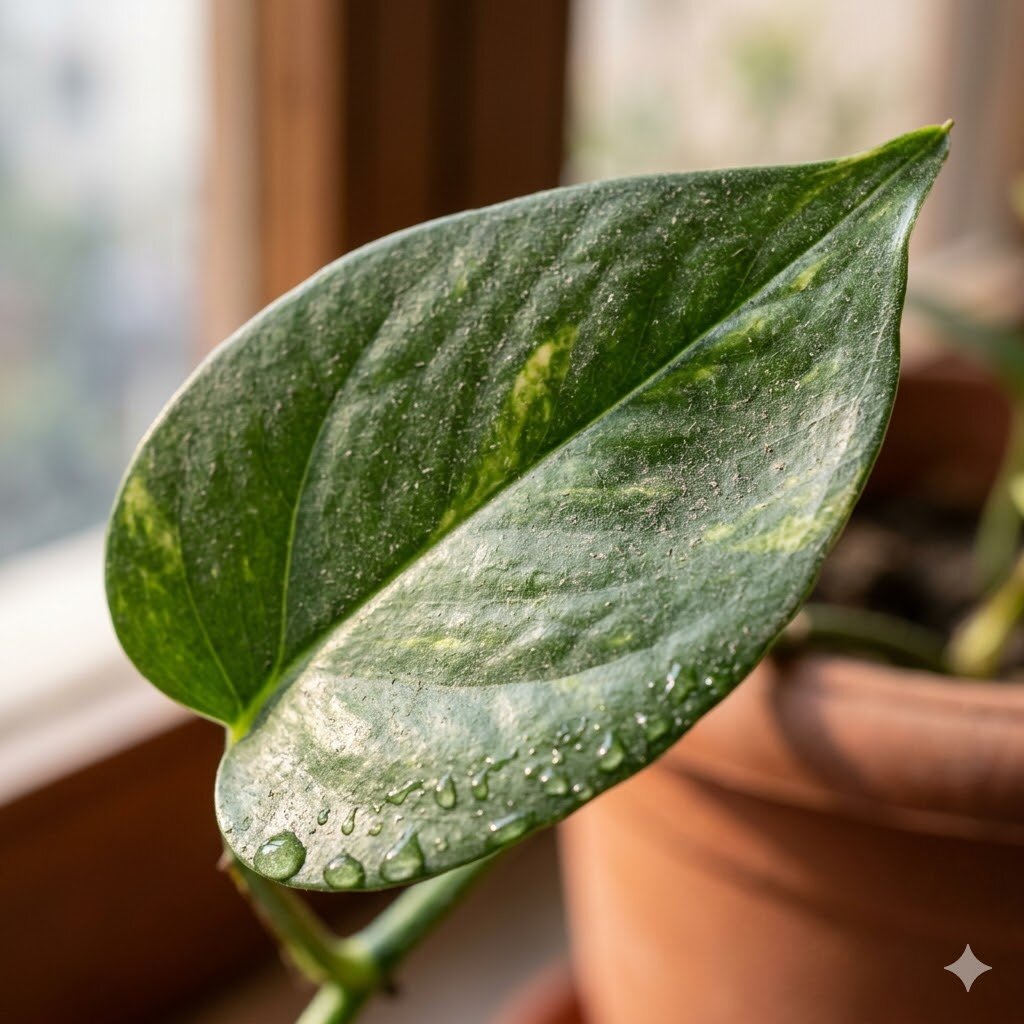 Money plant leaf with PM2.5 dust deposits — why plants don't clean indoor air
