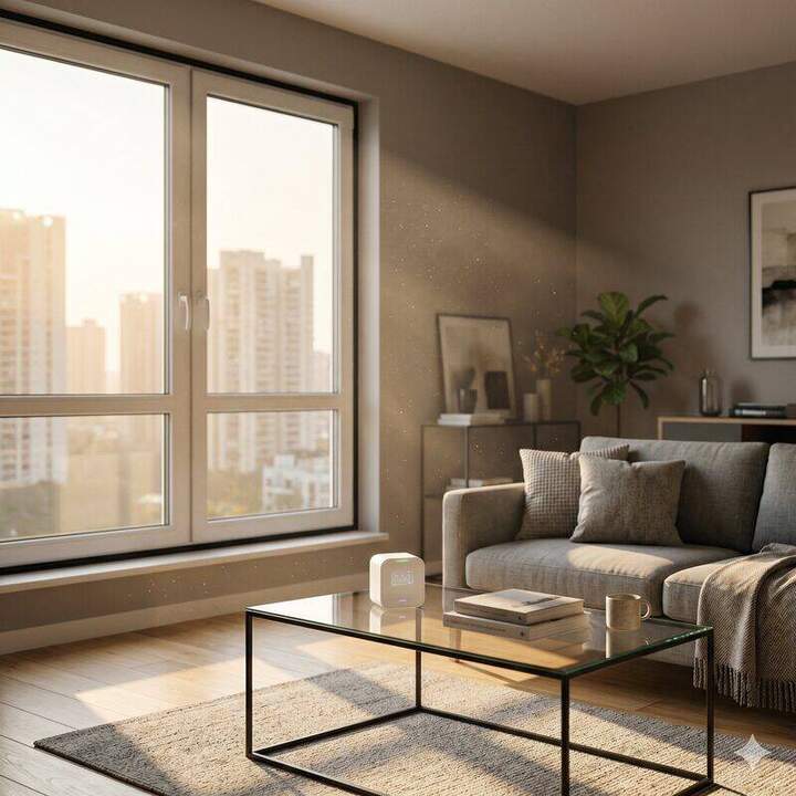 A modern sealed Indian apartment with an indoor air quality monitor