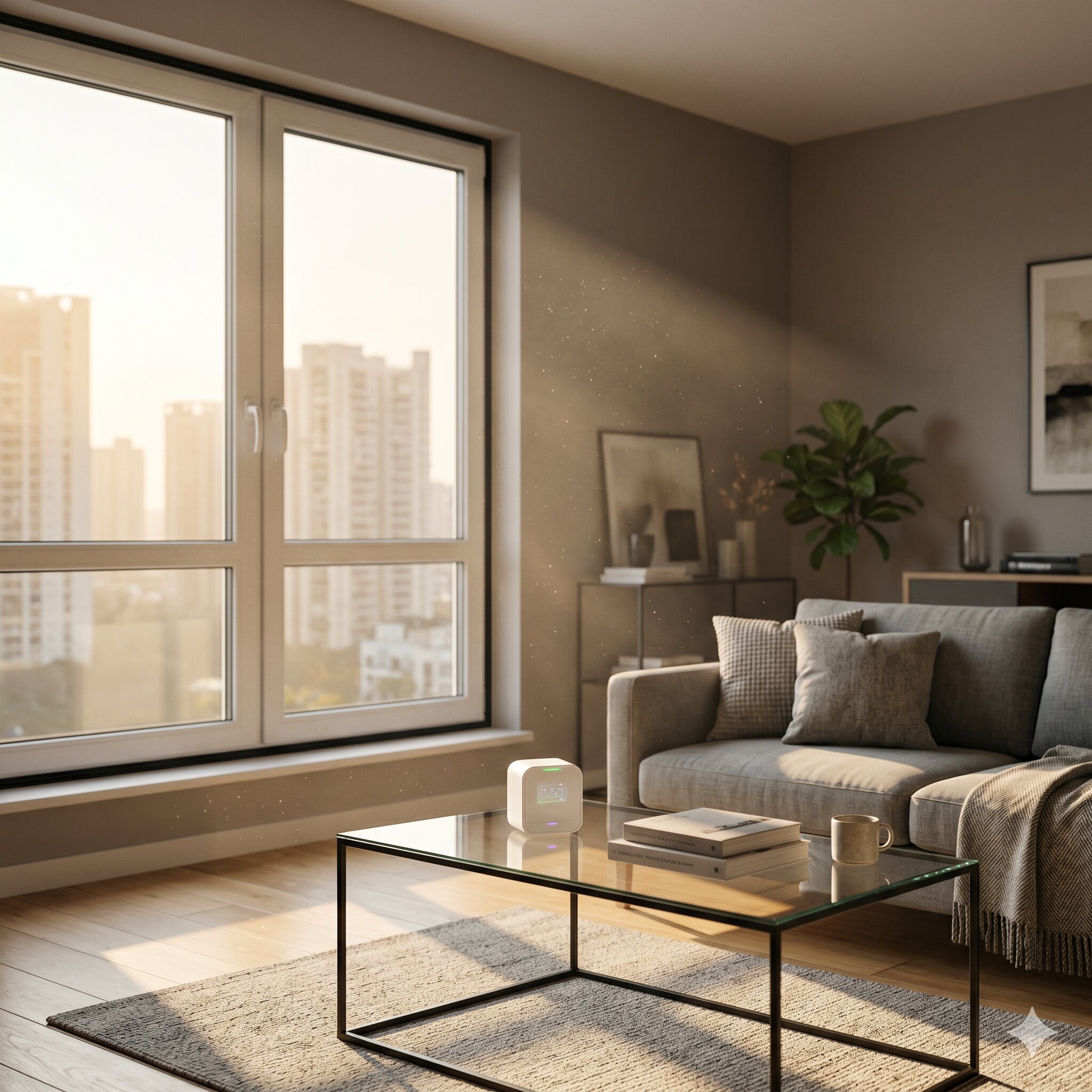 A modern sealed Indian apartment with an indoor air quality monitor