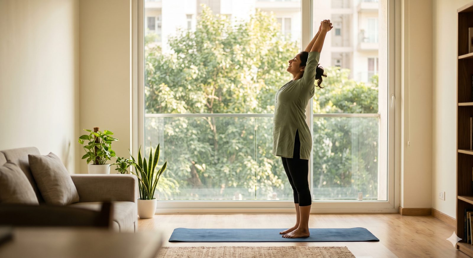 Indian woman doing morning yoga in a bright apartment with greenery through the balcony window