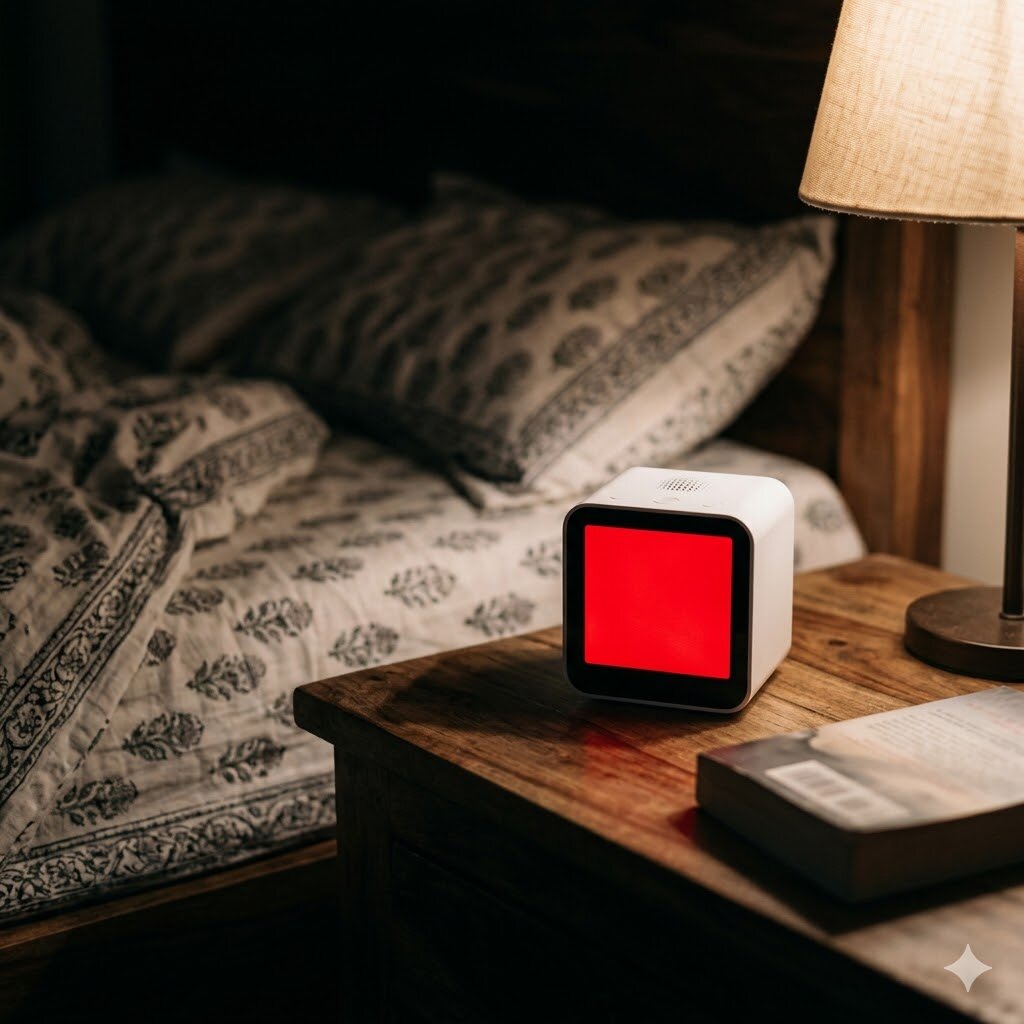 Indoor air quality monitor in an Indian bedroom showing elevated overnight CO₂