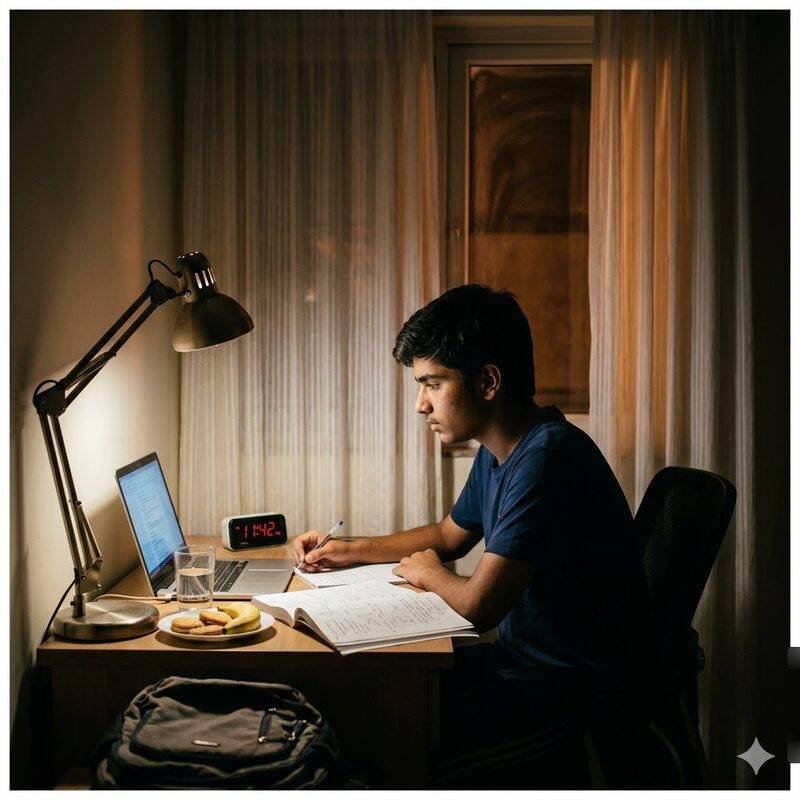 Student studying at night under warm lamp