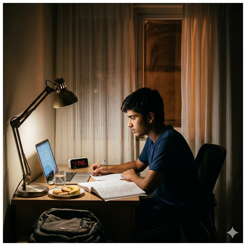 Indian child doing homework at a desk — second-hour focus and indoor CO₂