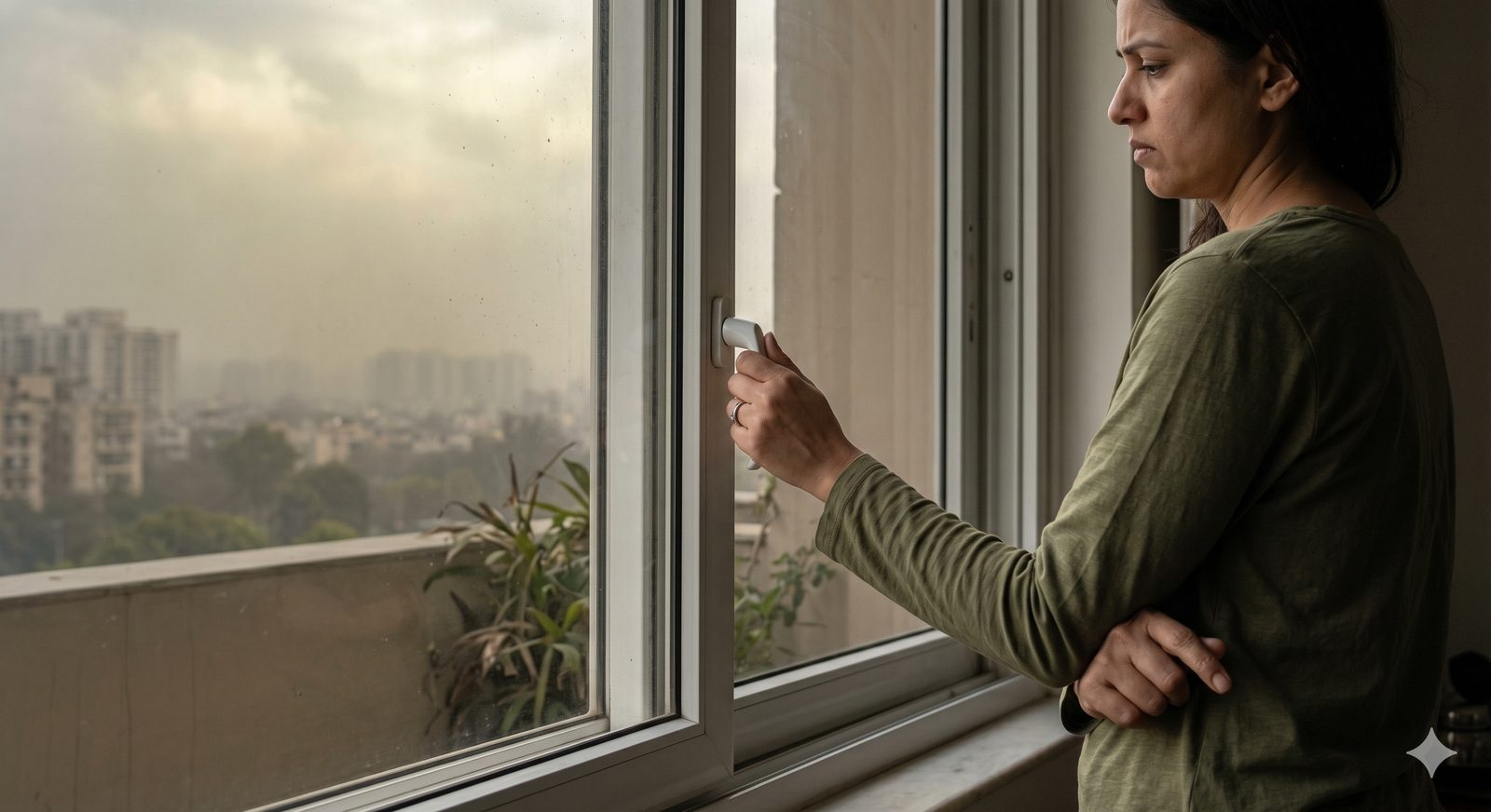 A closed window in a Delhi home — the dilemma of fresh air when outdoor AQI is high