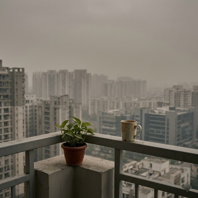 Hazy Delhi NCR skyline from a balcony