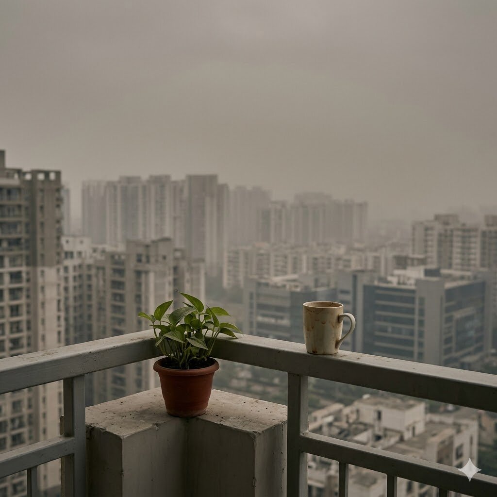 Balcony view through Delhi NCR winter haze — the cities at the top of the worst-AQI rankings