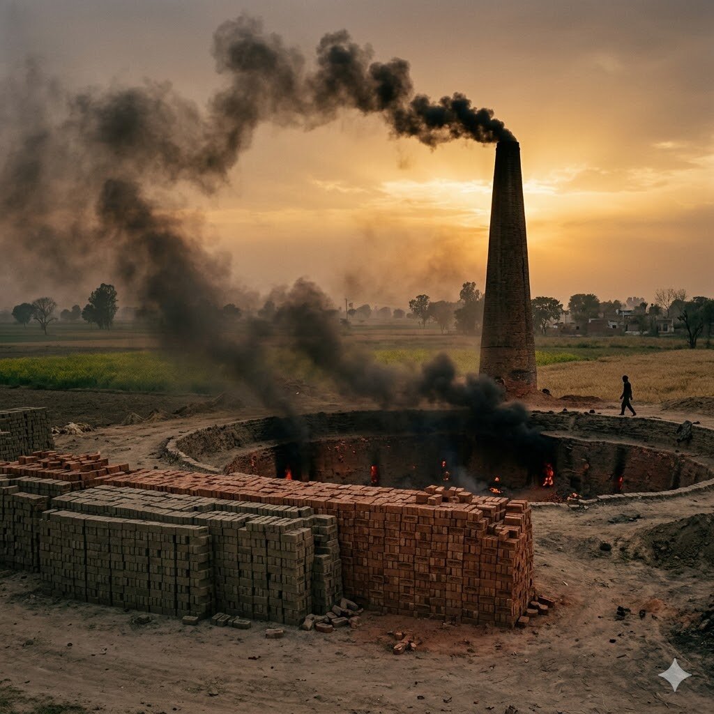 Brick kiln chimney in the Delhi NCR industrial belt — 6–7% of regional PM2.5