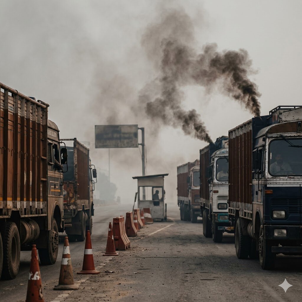 Heavy diesel freight on Delhi's freight corridor — the 2-4 AM pollution spike