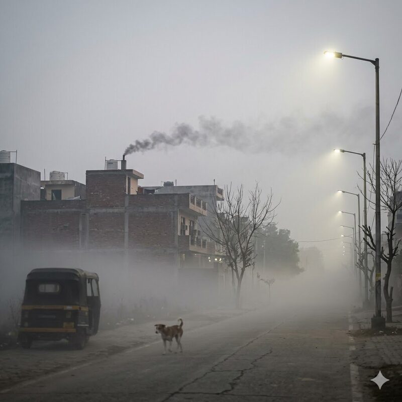 Delhi winter morning inversion — warm-air lid trapping cold smoke beneath