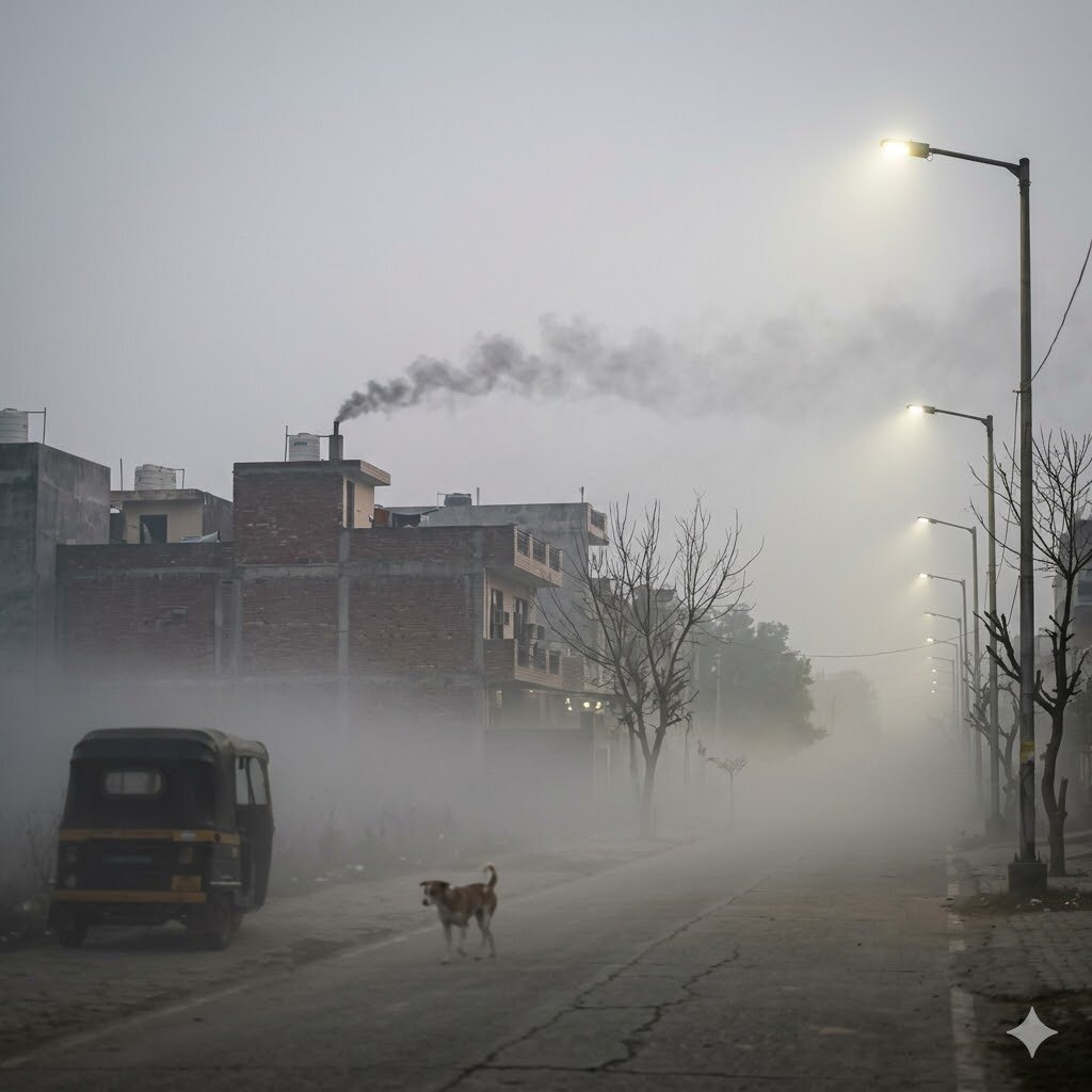 Delhi winter morning inversion — warm-air lid trapping cold smoke beneath