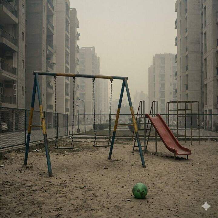 Gurugram playground in winter haze — the sector-to-sector PM2.5 gradient