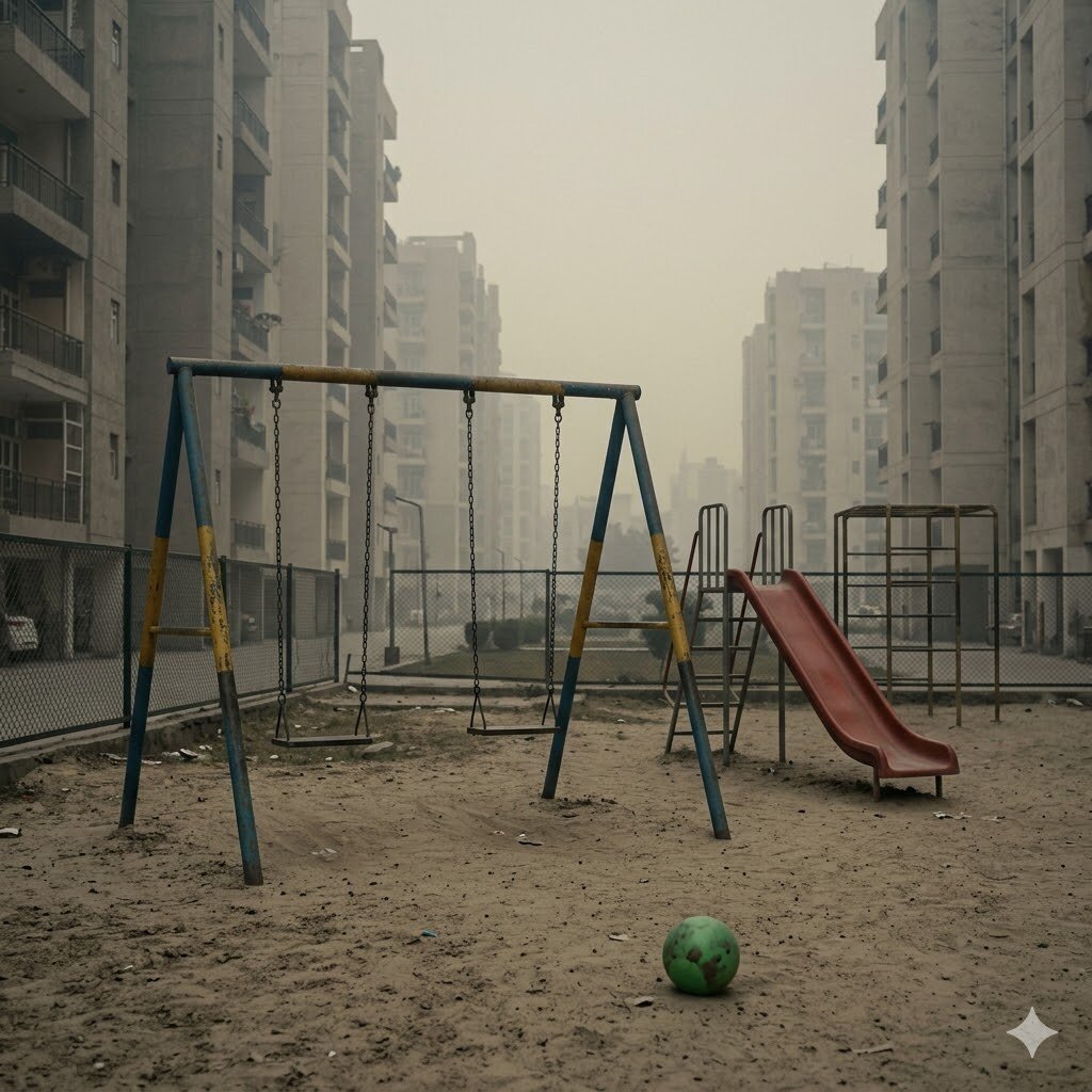 Gurugram playground in winter haze — the sector-to-sector PM2.5 gradient