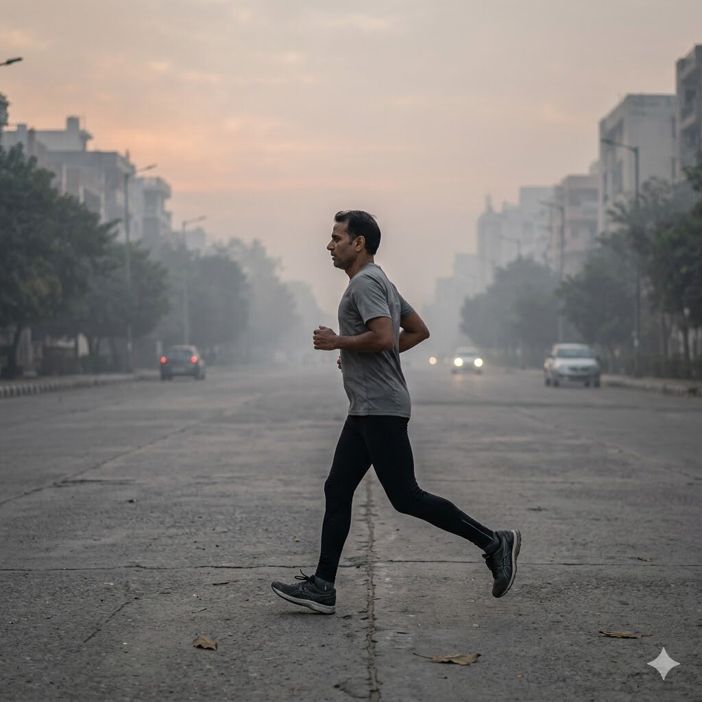 Indian endurance athlete training in NCR haze — the cost air pollution levies on sport