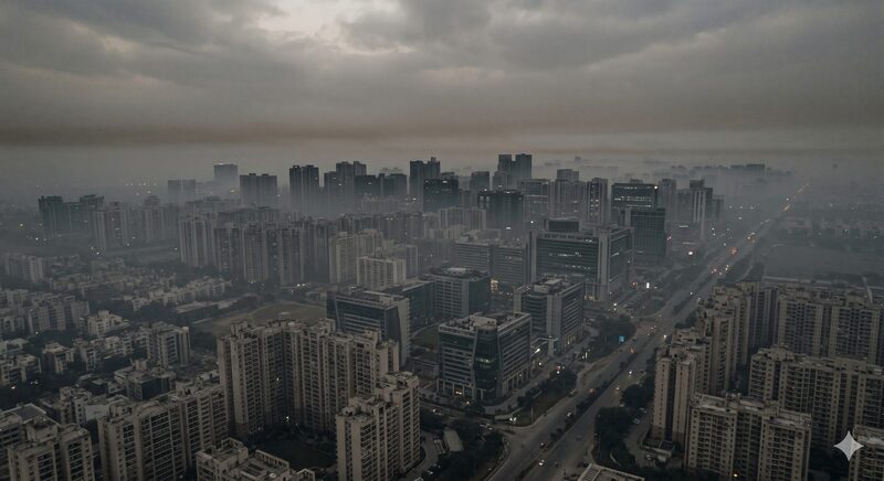 Gurugram skyline under winter smog — the outdoor concentration that defeats indoor purifiers