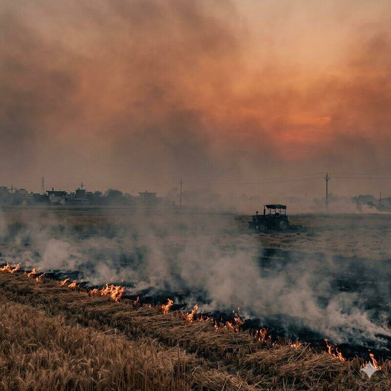 Stubble fire in a Punjab paddy field — the autumn ritual that affects Delhi NCR air