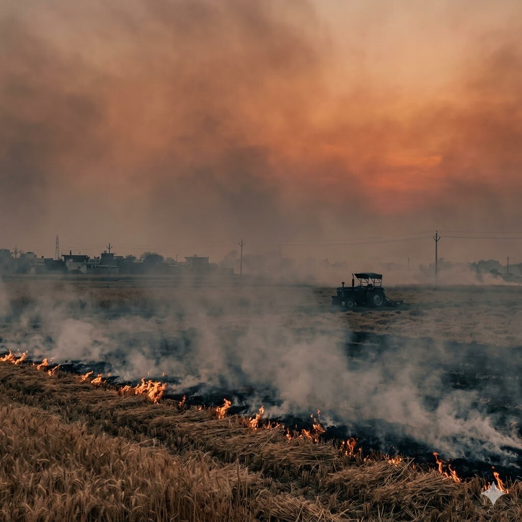 Stubble fire in a Punjab paddy field — the autumn ritual that affects Delhi NCR air