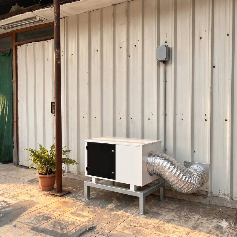 aqi0 unit on a courtyard wall with potted fern, sunlit terracotta floor
