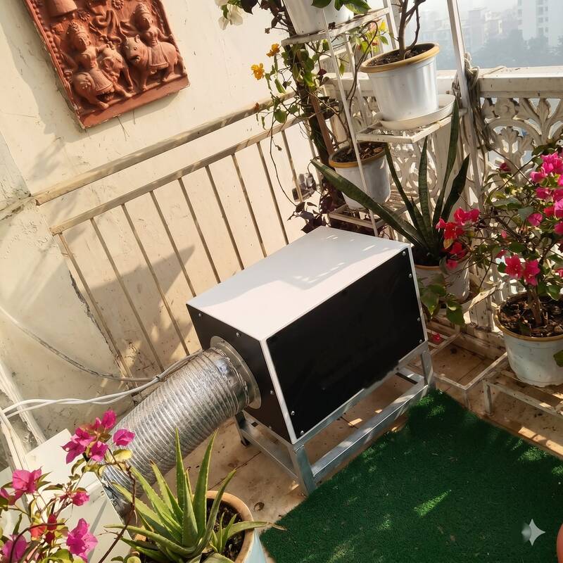 aqi0 unit on a balcony with bougainvillea flowers and snake plant