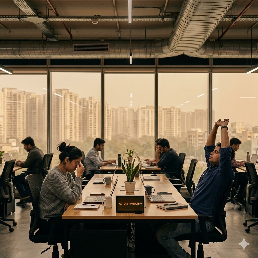 Indian office in afternoon — CO₂ levels climbing past the WHO 1,000 ppm guideline