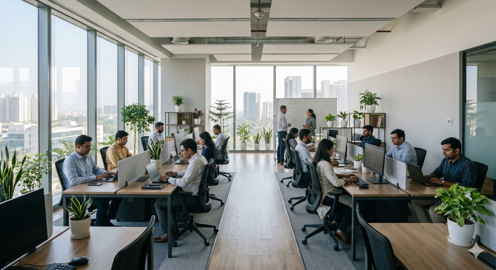 Open-plan office interior in Indian workplace
