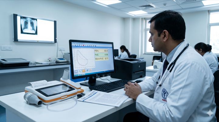 An Indian pulmonology research lab — spirometry workstation, lung CT lightbox, peer-reviewed journals on the desk; the literature in context