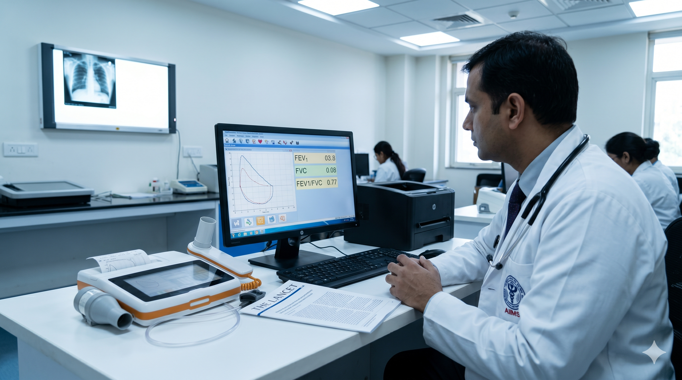 An Indian pulmonology research lab — spirometry workstation, lung CT lightbox, peer-reviewed journals on the desk; the literature in context