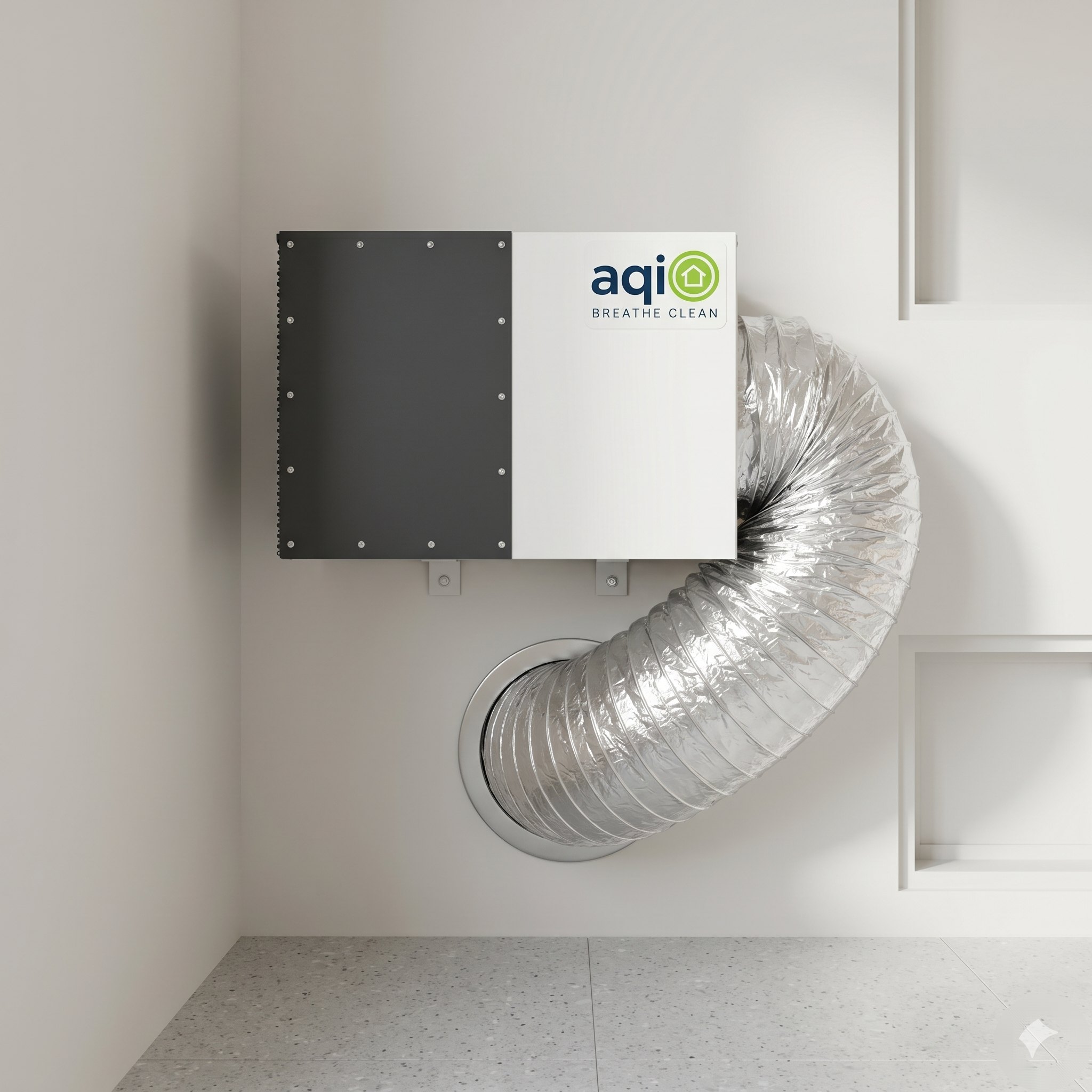 An aqi0 fresh air system installed on an interior wall — louver, intake duct, filter housing and indoor unit