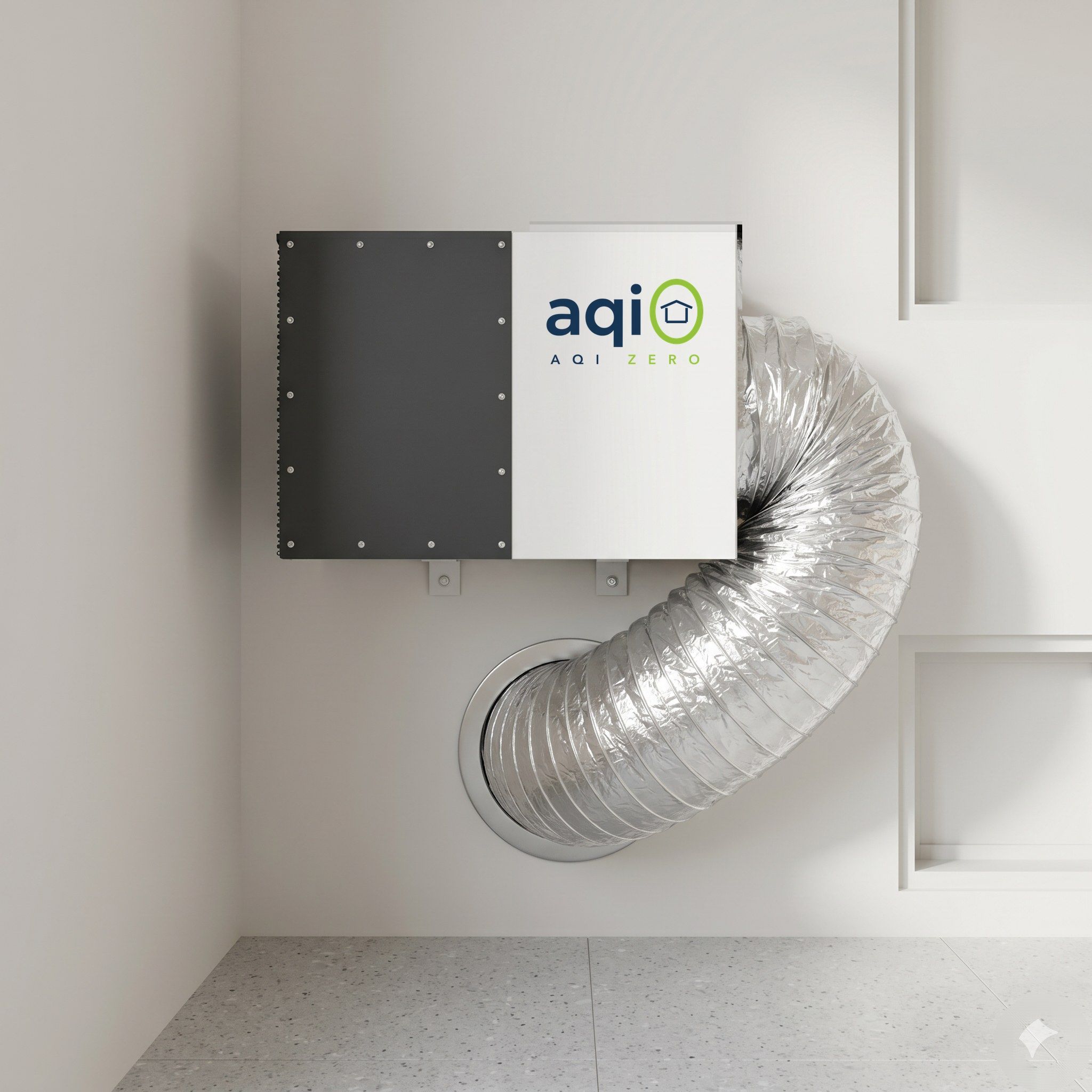 aqi0 fresh air system mounted on an interior wall with ducting